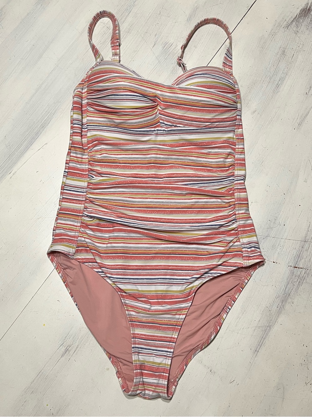 Nip Tuck Swim Multicolor Stripe Ruched One Piece Swimsuit US 6 Multi Fit Cup